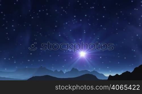 In the dark background of space abyss bright blue star. Slowly floating nebula. The sky is dotted with stars. The camera slowly flies away from the star and is visible mountainous and hilly landscape of the planet. In the lowlands and on the horizon a glowing blue mist.