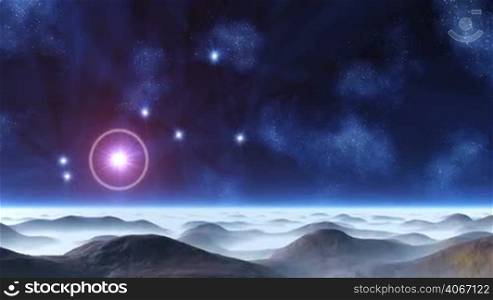 In the dark blue sky of the nebula, and a beautiful constellation. The brightest star in the pink halo. The bright white sun illuminates the hills, standing in a thick white mist.