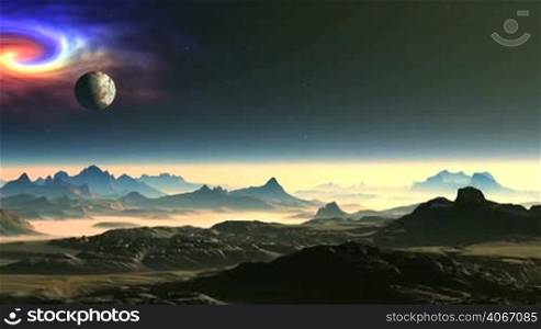 In the dark night sky beautiful nebula, moon and sun in a halo. Mountains and valleys illuminated by a bright sunny light. Horizon and lowlands are covered with thick luminous mist.