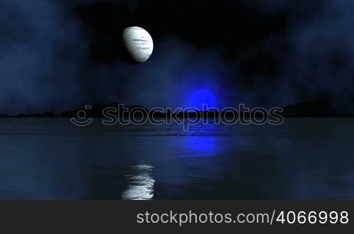 In the dark night sky bright stars, nebulae and two planets. Above the black silhouette of the mountains shining blue moon. Above another planet in the penumbra. The water surface is easy to undulates and reflects the sky.
