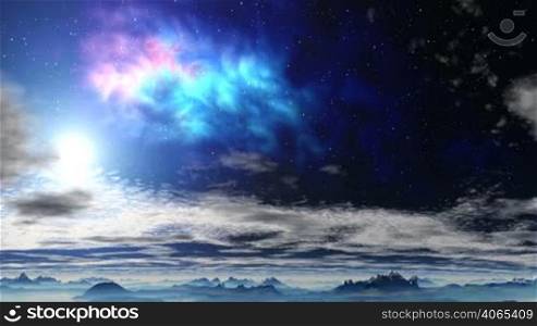 In the dark starry night sky bright colored nebula changes slowly over passing clouds. Below them are not high mountains and hills covered with blue mist. Mountain peaks covered with snow. Away shines brightest star. The camera slowly moves forward. Clouds frame the nebula at the end of the file.