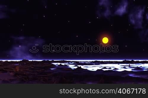 In the dark starry sky flare starry fog. Bright yellow sun sets over the horizon. Thick white glowing fog lies in the lowlands. Dark mountains are flooded with purple light.