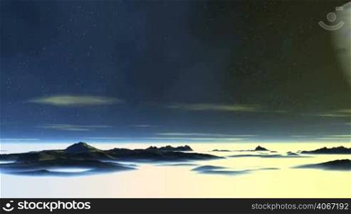 In the dark starry sky huge blue planet. Slowly floating clouds. Dark mountains and hills stand among thick white fog. Bright sun goes below the horizon.