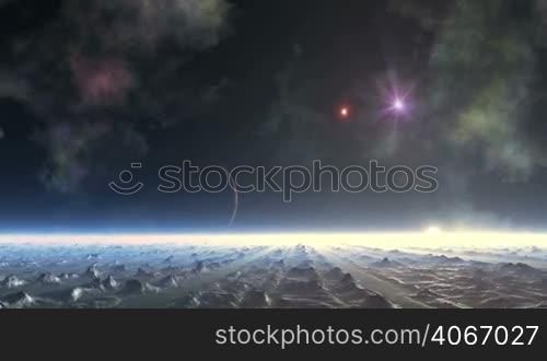 In the dark starry sky, huge nebulae. The bright star (UFO) slowly falls. Above the horizon is a planet (moon) and a bright white sun hidden in a fog. Low mountains reflect a bright light.