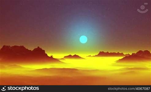 In the dark starry sky the blue sun is in a halo. Mountain peaks stand over a thick bright yellow glowing fog. Under it are visible hills and lakes.