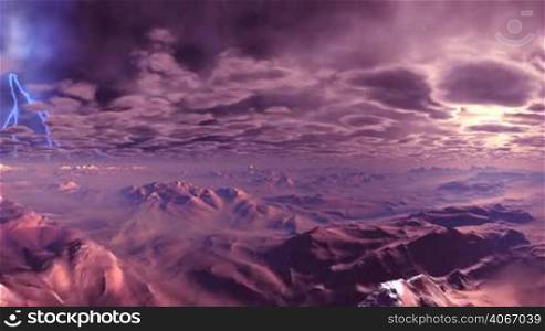 In the evening sky floating low heavy clouds. Bright flashes of lightning. Above the horizon sunset. The mountains stand in a dense fog. All painted in lilac color.