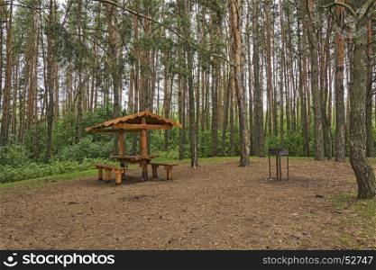 In the forest on the meadow there is a brazier and a wooden gazebo for outdoor recreation