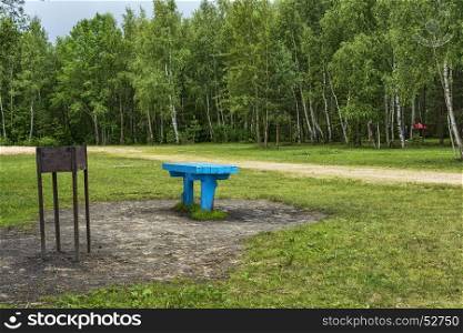 In the forest on the meadow there is a brazier and a wooden table for outdoor recreation
