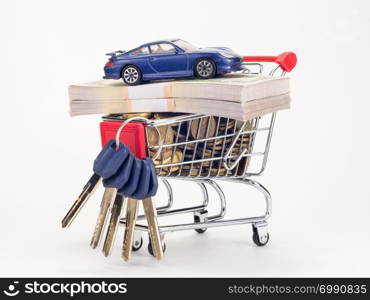 In the grocery cart of the store are coins, wads of money, keys to the apartment and car