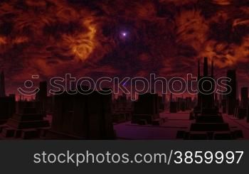 In the heavy red sky bright star. Slowly fiery clouds move. The blue bright object (UFO) takes off because of the horizon and moves to a star merging with it. The city of aliens consists different structures and equal streets.