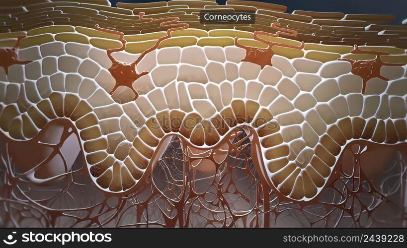 In the layer adjacent to the dermis, the keratinocytes are divided and thrown into the upper layers. 3D illustration. In the layer adjacent to the dermis, the keratinocytes are divided and thrown into the upper layers.