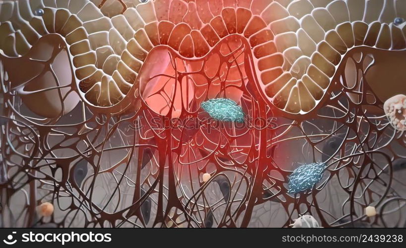 In the layer adjacent to the dermis, the keratinocytes are divided and thrown into the upper layers. 3D illustration. In the layer adjacent to the dermis, the keratinocytes are divided and thrown into the upper layers.