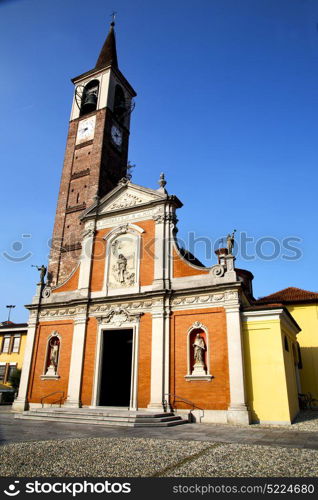 in the mozzate old church closed brick tower sidewalk italy lombardy