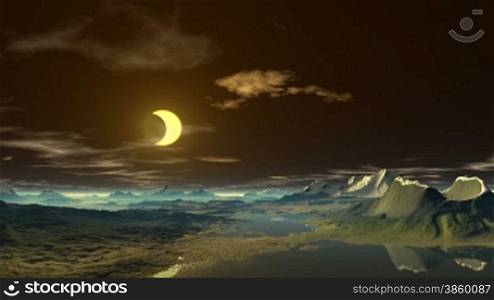 In the night sky bright golden moon and scattered clouds. Mountain hills bathed in light golden moon, above the horizon blue mist. Camera flies along the horizon and approaching the moon.