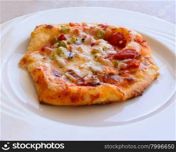 In the picture a small pizza with tomatoes, cheese, peppers, onions and spices, served on white plate.