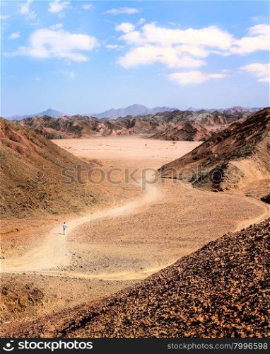 In the picture the Egyptian desert of stones with its mountains of many colors and man walking alone.