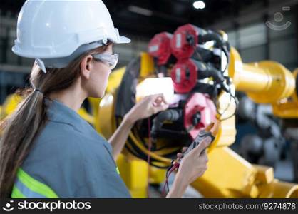 In the robots warehouse, A female engineer inspects the electrical system of every robotics arm, before delivering to the customer.