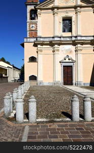 in the somma lombardo old church closed brick tower sidewalk italy lombardy