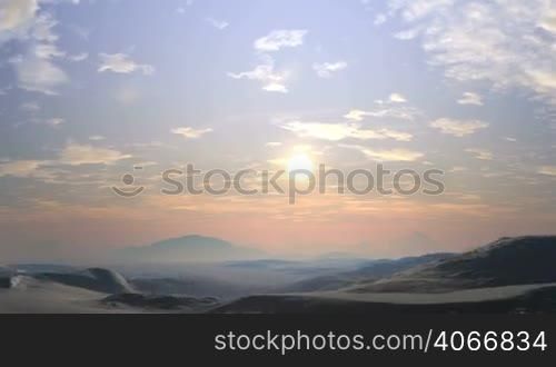 In the vast blue sky small white clouds. Bright sun slowly sets behind the horizon, covered in hot summer haze. Over the hills and lowlands light fog. Sunset colors the landscape in reddish tones.