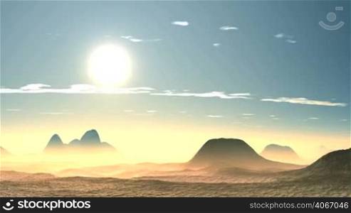 In the vast blue sky with a few white clouds bright white shining sun slowly sets in thick fog on the horizon. Fog painted in rich yellow color. The tops of the hills could be seen from the mist. Bright saturated colors.