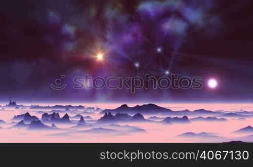 In the vast dark sky colorful nebula and bright radiant stars. White sun in a halo slowly sinking in the thick pink fog that covers the desert landscape of alien planet.