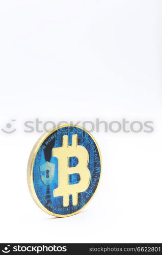 in the white background and copy space the coin of bitcoin like concept of future and investment 