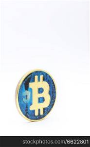 in the white background and copy space the coin of bitcoin like concept of future and investment 