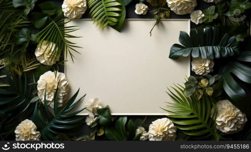 In this captivating photo, a blank sheet of paper lies gracefully on a bed of lush jungle leaves, creating a mesmerizing minimalist background. The simple yet powerful composition of the image brings a sense of harmony and tranquility to the viewer, evoking imagination and creativity.
