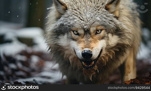 In this striking close-up shot, the fierce predator unleashes a powerful growl, its primal instincts on full display. The snowy backdrop, enveloped in a mesmerizing combination of fog and mist, adds an element of mystery and intrigue to the scene. Brace yourself for a captivating glimpse into the untamed world of this majestic creature.