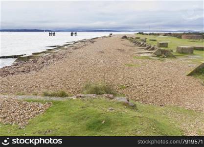 In World War Two this area of Lepe Beach was used for launching of Mulberry Harbours and Troops for the D-Day landings. Hampshire, England, United Kingdom.