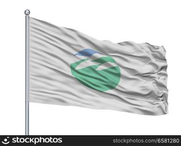 Inashiki City Flag On Flagpole, Country Japan, Ibaraki Prefecture, Isolated On White Background. Inashiki City Flag On Flagpole, Japan, Ibaraki Prefecture, Isolated On White Background