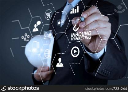 Inbound marketing business with virtual diagram dashboard and Online or permission market concept.businessman hand writing in the whiteboard or virtual screen