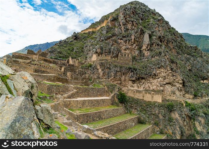Inca ruins and the terraces of Pumatallis at Ollantaytambo in Peru