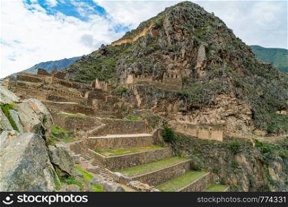 Inca ruins and the terraces of Pumatallis at Ollantaytambo in Peru