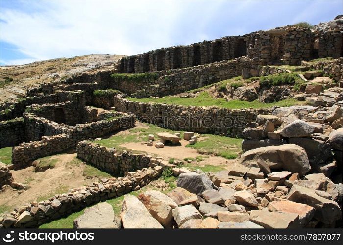 Inca stone ruins on the island Isla del Sol, Bolivia