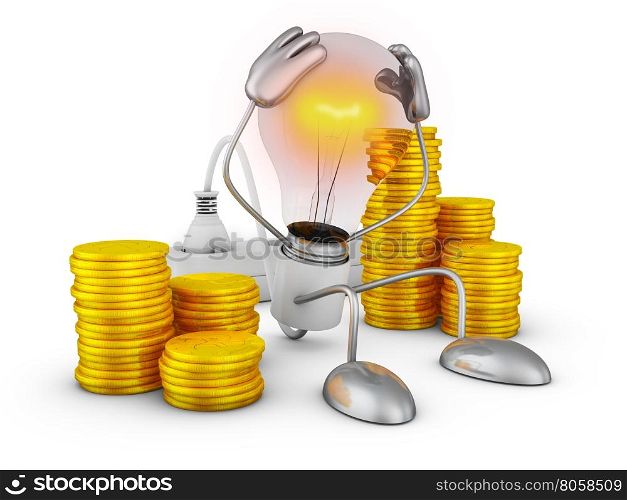 Incandescent holds his hands behind his head near the stacks of coins. 3D render.