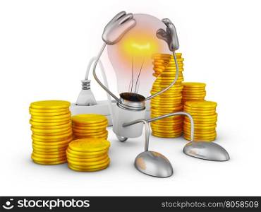 Incandescent holds his hands behind his head near the stacks of coins. 3D render.