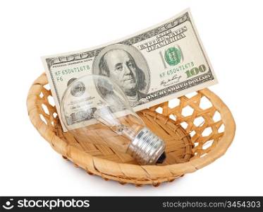 Incandescent light bulb and money in basket