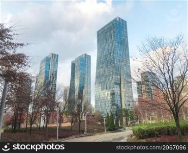 Incheon city, South Korea - Autumn 2021: Big buildings in City Park of Incheon city.. Incheon city, South Korea - Autumn 2021: Big buildings in City Park of Incheon city