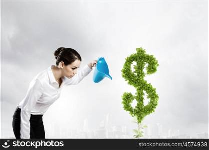 Income concept. Young attractive businesswoman watering plant in pot with can