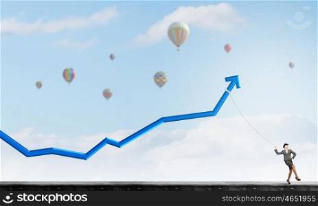 Income growth motivation. Businesswoman pulling arrow with rope and making it raise up