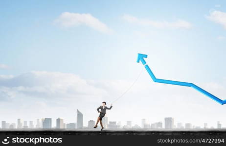 Income growth motivation. Businesswoman pulling arrow with rope and making it raise up