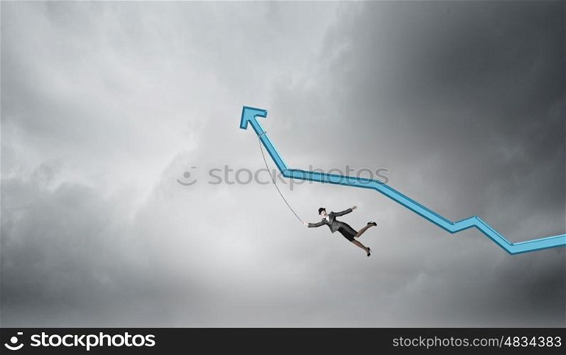 Income growth motivation. Businesswoman pulling arrow with rope and making it raise up