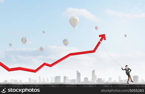 Income growth motivation. Businesswoman pulling arrow with rope and making it raise up