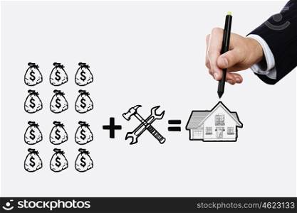 Income secrets. Close up of businessman drawing money making formula