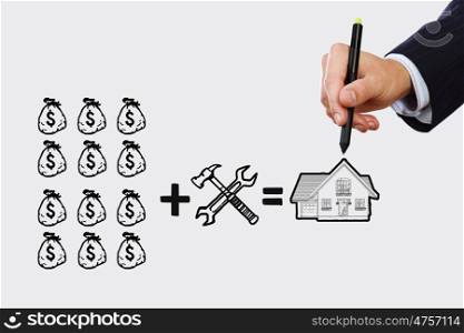 Income secrets. Close up of businessman drawing money making formula