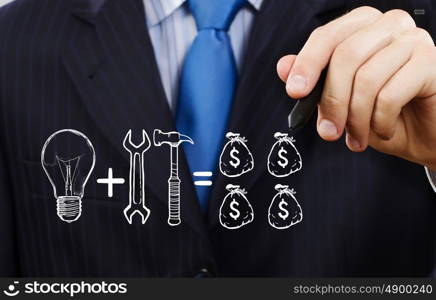 Income secrets. Close up of businessman drawing money making formula