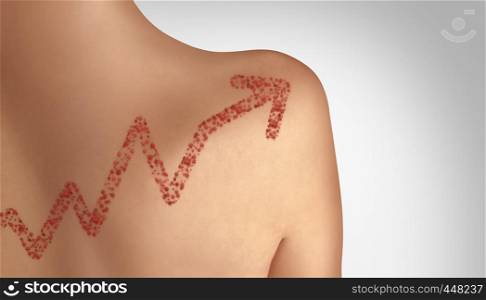 Increase in measles concept as a rising deadly outbreak disease and viral illness as a contagious chickenpox or a skin rash in a 3D illustration style.