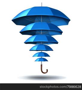 Increased business protection and growing community security concept with a blue umbrella metaphor changing in size from small to big protecting multiple smaller umbrellas connected together in a social network to protect team members.