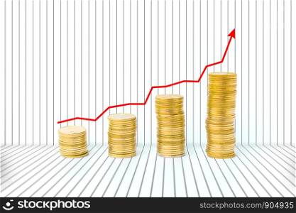 Increasing piles of gold coins with going up graph. financial and saving concept.